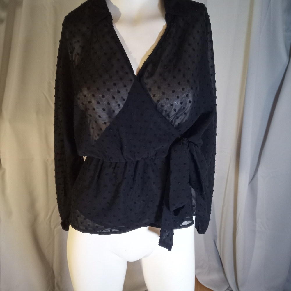 FAVLUX Black Long Sleeve Wrap Blouse